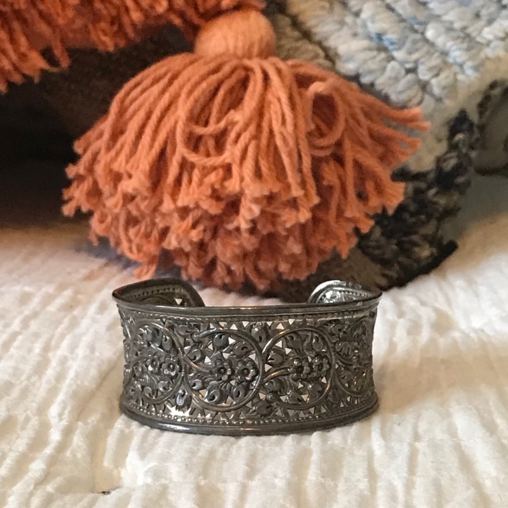 Vintage boho silver cuff filagree bracelet
